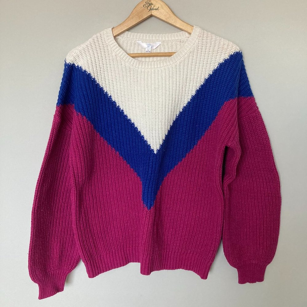 Time and Tru Large Chevron White Pink Blue Colorblock Oversized Sweater